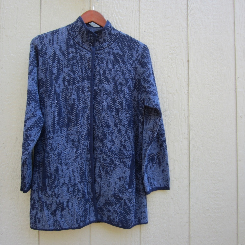 J Jill Pure Jill Cardigan Women's S Long Blue Knit Patchwork Snap Front Pockets
